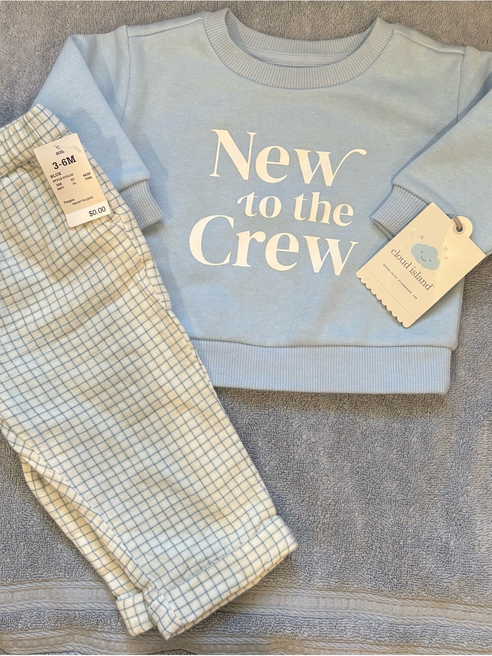 cloud island Light Blue "New to the Crew" Sweatshirt & Checked Joggers